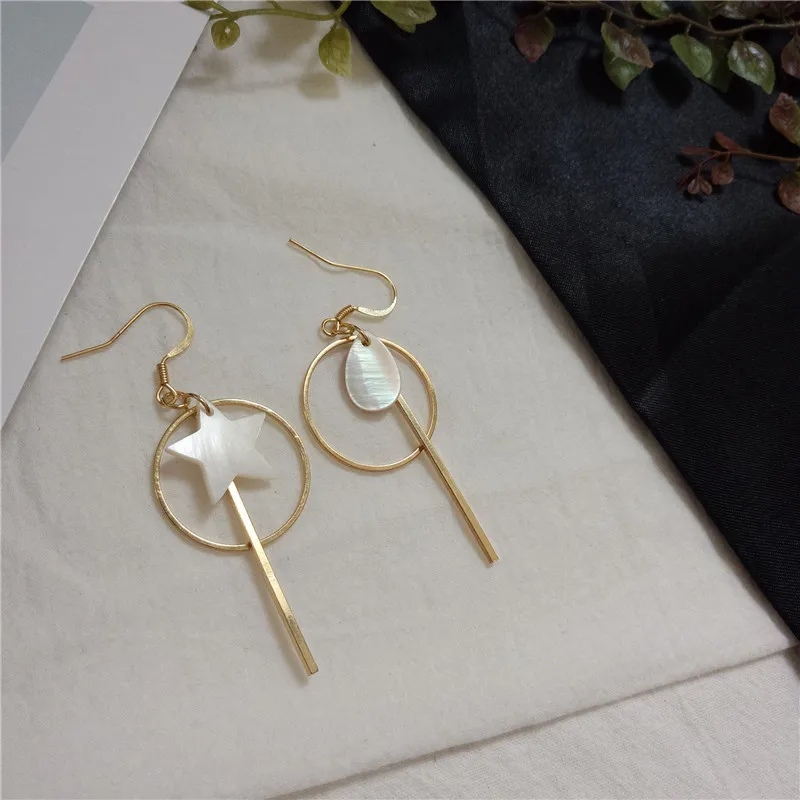 

Free shipping fashion ladies jewelry Long earrings asymmetrical star moon shell pendant good friend earrings personality