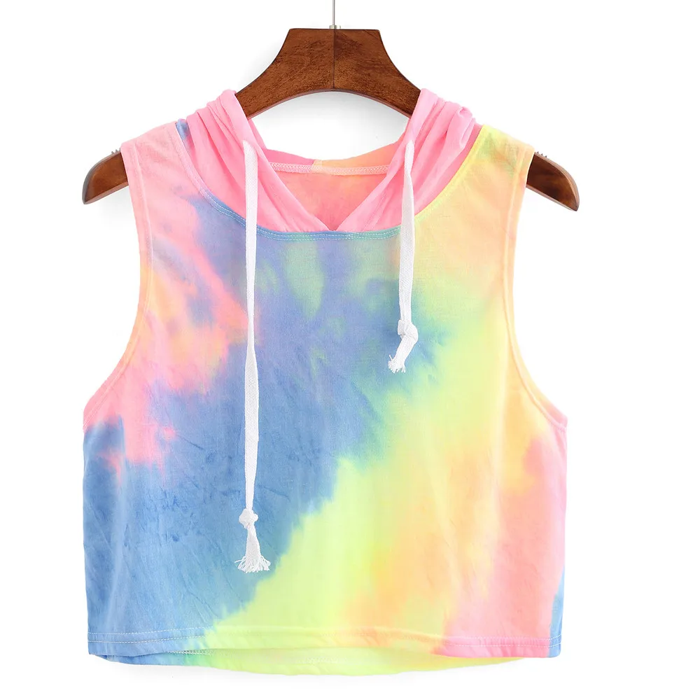

Cropped 2019 Multicolor Printing T Shirt Women Summer Sleeveless Hooded Shirts Girls Lady Casual Crop Top Tee Shirt Blusa #YL