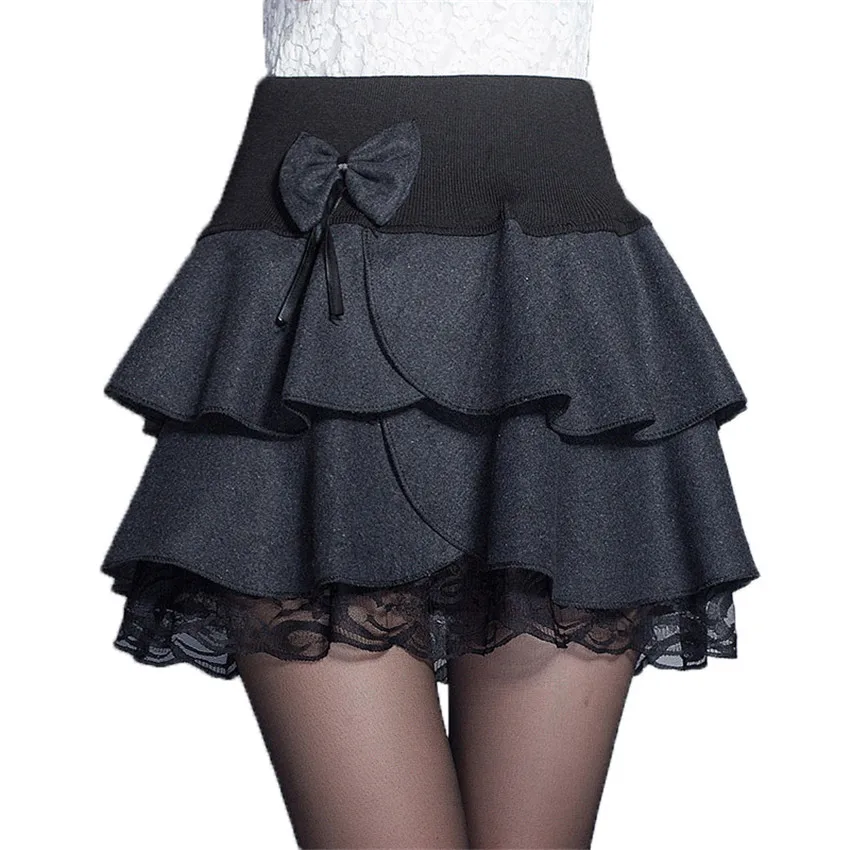

Autumn Winter Mini Skirt Women New Elastic High Waist Bow Woolen Skirts Female A-Line Pleated Skirt Lace Ruffle Cake SkirtAB006