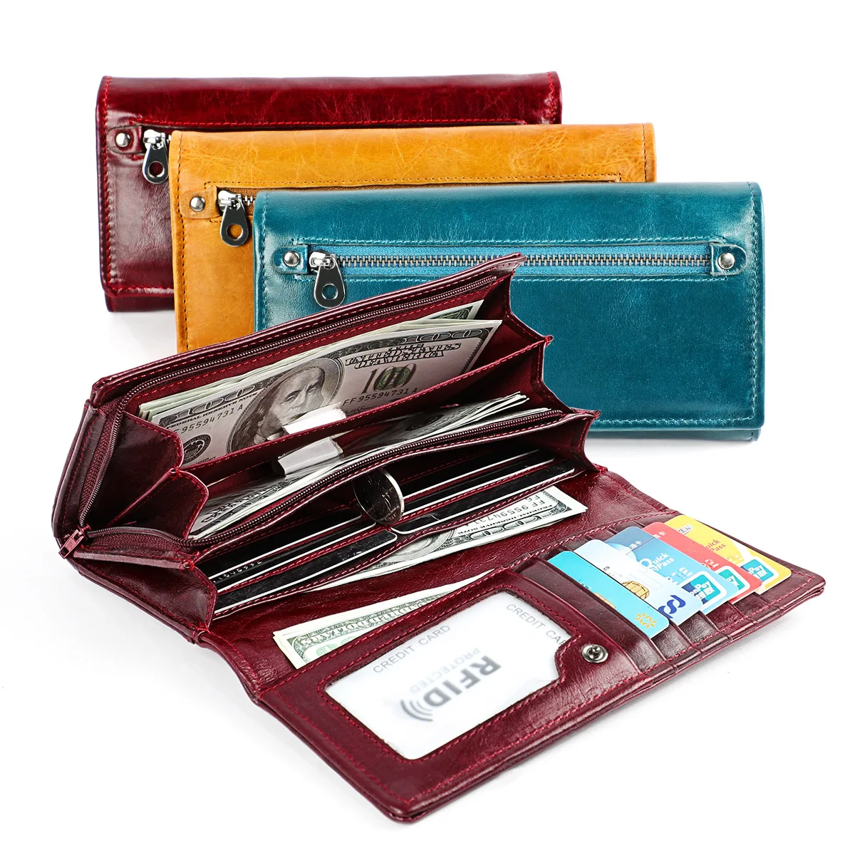 

Genuine Leather Women Wallet Female Long Clutch Lady Wallet Portomonee Rfid Luxury Brand Money Bag Magic Zipper Coin Purse