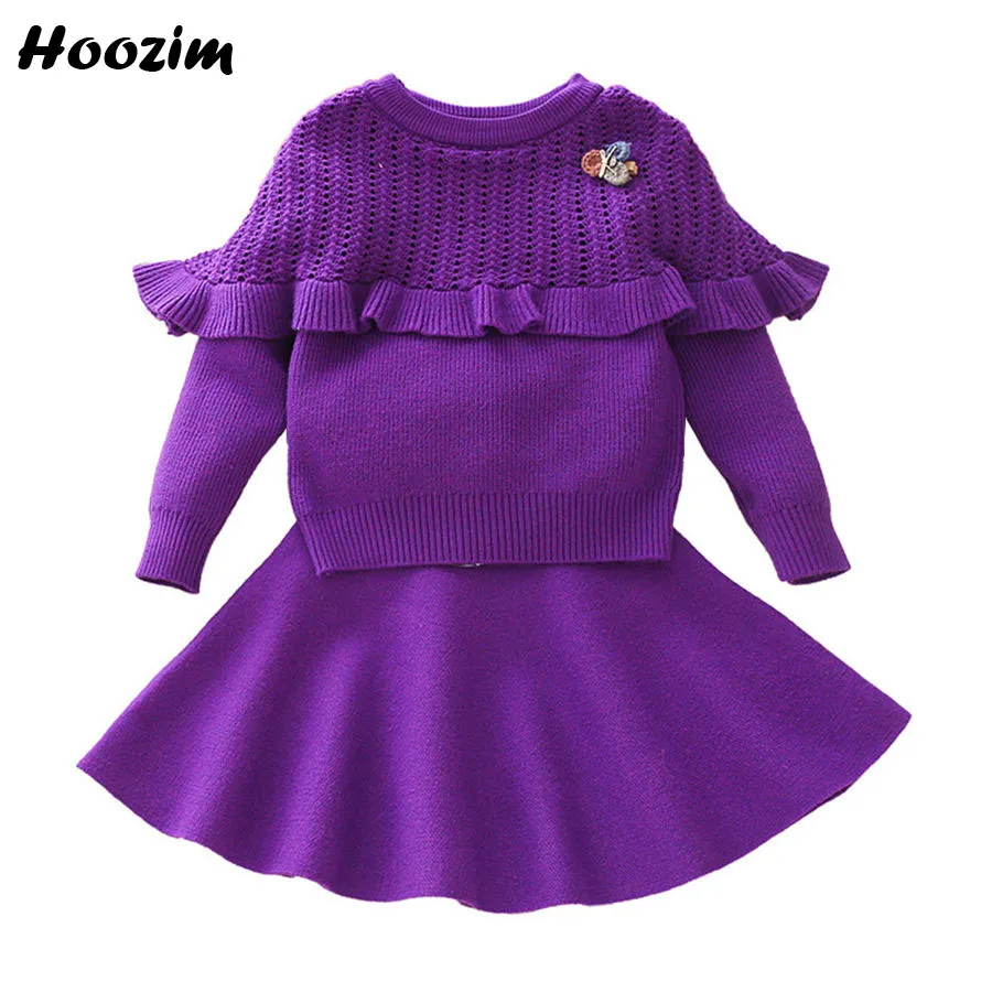 

Purple Princess set For Girls 4 5 7 8 Years Cute Ruffle Sweater+Knitted Skirt Kids Cool Children Clothes Autumn Suit For Girls