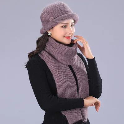 Ymsaid комплект из 2 предметов, новая зимняя шапка с кроличьим мехом и шарф для женщин, толстые шапки, женские зимние повседневные однотонные вязаные шапки - Цвет: light purple Suit