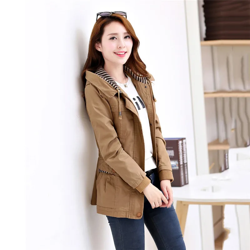

Spring New Women Windbreaker Solid color Large size Short Hooded Coats Autumn Fashion Casual jacket Slim Cotton Outerwear NO548
