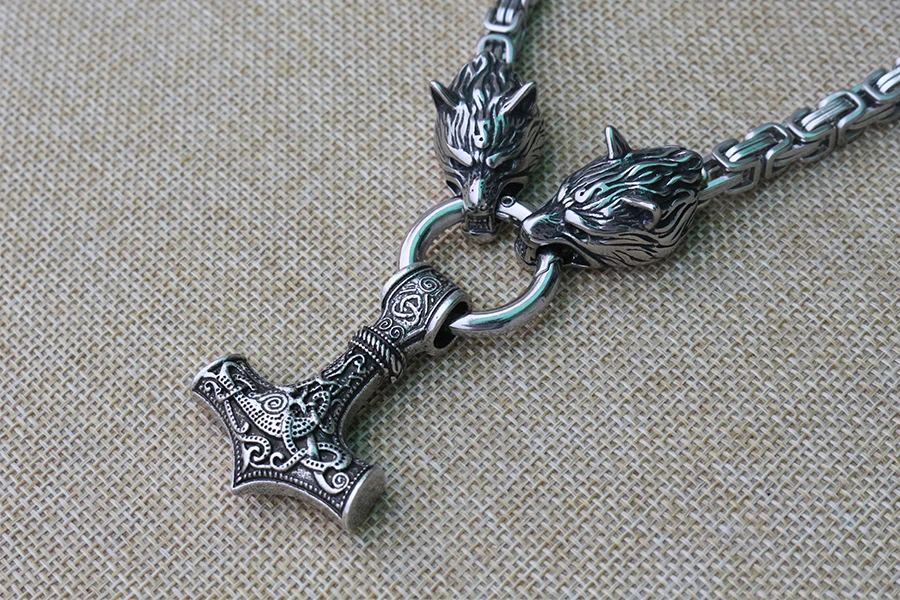 Men stainless steel necklace viking wolf head with thor's hammer mjolnir pendant norse talisman ethnic jewelry