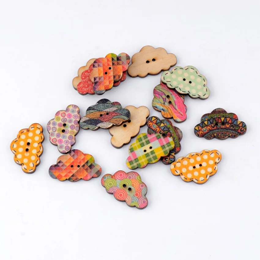 

Free Shipping Retail 10Pcs Random Mixed 2 Holes Pattern Cartoon Natural Clouds Wood Sewing Buttons Scrapbooking 19x30mm