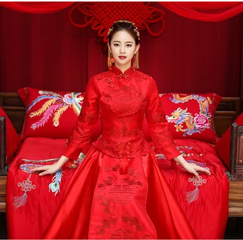 

Red Chinese Wedding Bride Cheongsam Traditional Style marry Evening Dress Embroidery Long Qipao Womens Clothing Size S - XXXL
