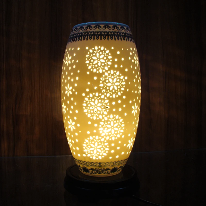 Hollow blue and white Beautiful chinese hand carved flower design celadon porcelain ceramic table lamps for bedroom (2)