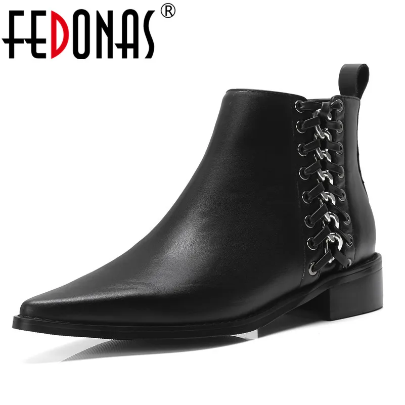 

FEDONAS Fashion Women Ankle Boots Autumn Winter Warm Genuine Leather Square Heels Shoes Woman Metal Decoration Motorcycle Boots