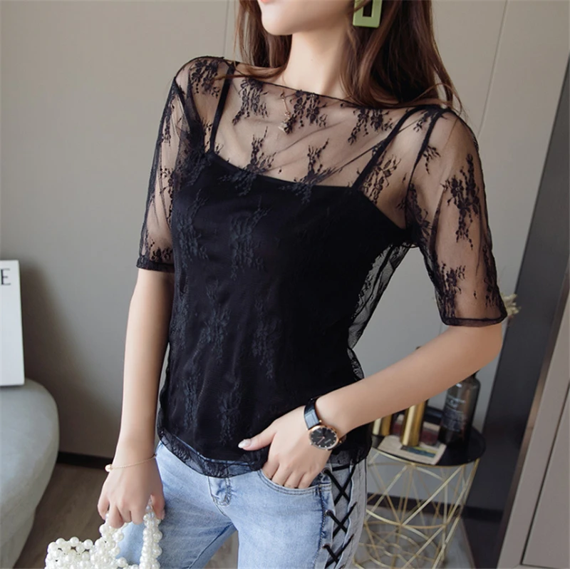 

Fashion Summer Women Transparent Lace Bottoming Shirt Female Sexy Lace Mesh Blouses Shirts See-through Short Sleeve BlouseTops