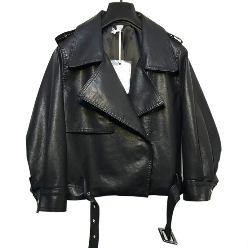 Loose Office Lady Women Faux Leather Jacket Fashion Solid Winter Turn-down Collar Motorcycle PU Coat | Женская одежда