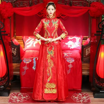 

Embroidery Lady Ancient Cheongsam Traditional Phoenix Qipao Red Chinese Bride Wedding Dress Vintage Stage Performance Clothes