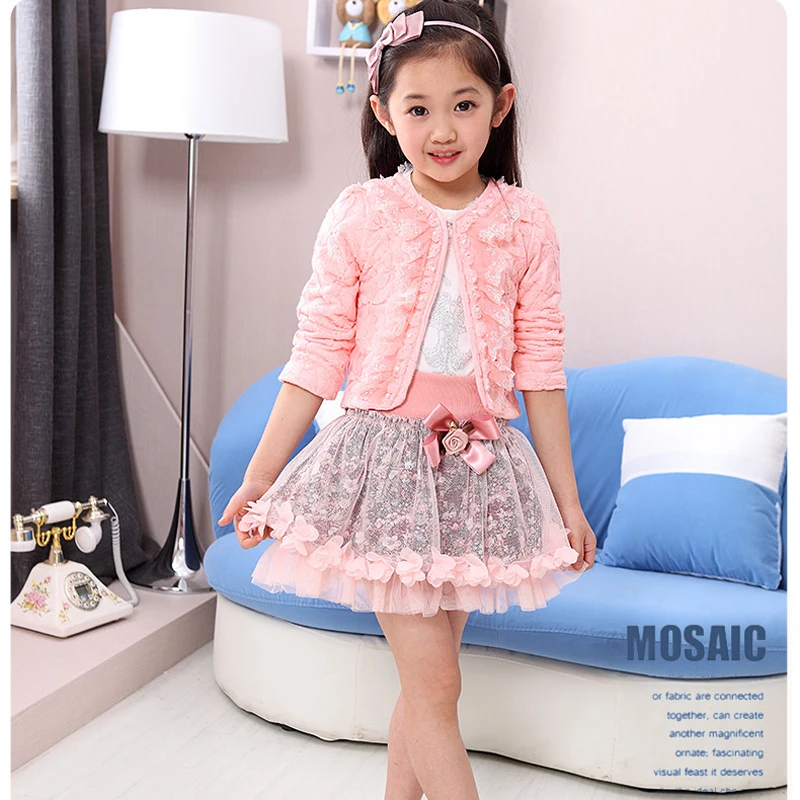 

Free Shipping New Spring&Autumn Girls Child Princess Casual Suit kids Lace T-Shirt+Flower Pearl O-Neck Coat+Pettiskirt 3Pcs sets