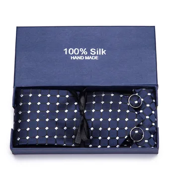

7.5cm Wide Striped Men's Tie Wedding Ensemble Silver Paisley Man Tie, Handkerchief, and Cufflinks Gift Box Packing