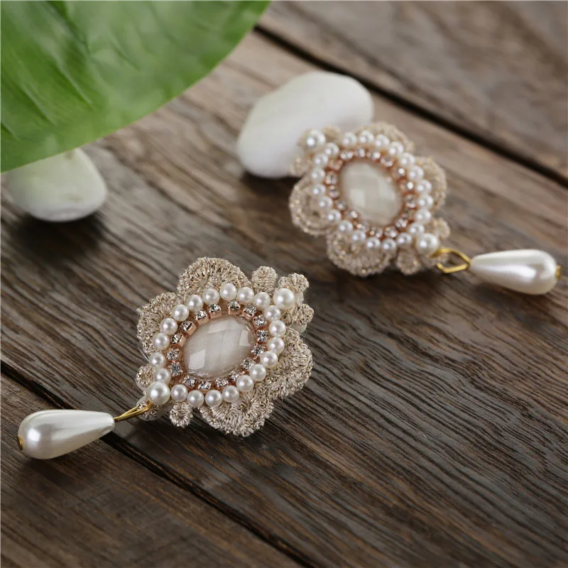 TDQUEEN Dangle Drop Earrings Rhinestones Wedding Women Fashion Earrings Simulated Pearl French Lace Fabric Dangling Earring (5)