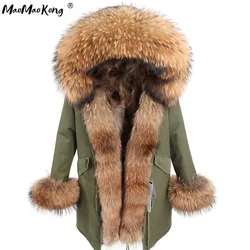 maomaokong Real Fox Fur Coat Winter Jacket Women Long Parka Natural Raccoon Fur Collar Hood Thick Warm Real Fur Liner Parkas