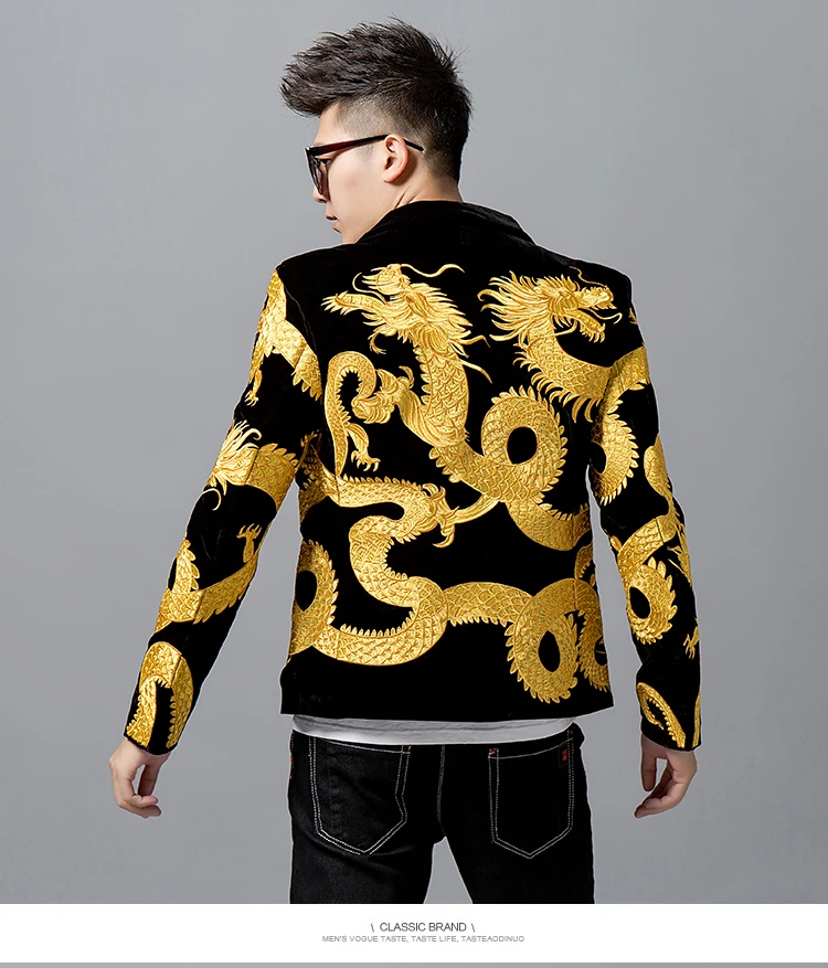 

Gold Dragon Pattern Embroidery Stage Suit Jacket Men Fancy Designer Blazer Men Dj Club Party Prom Blazer Men Velvet Blazer