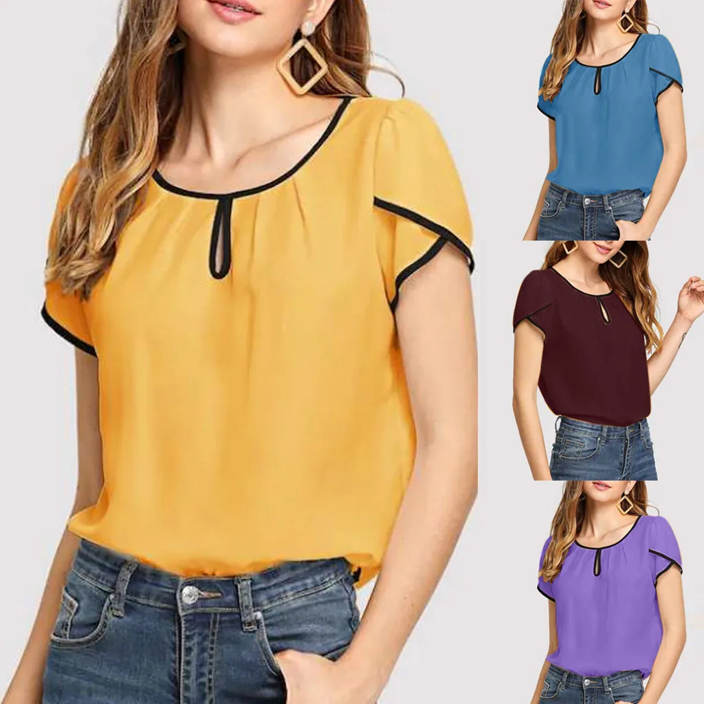 

Women Summer Casual Short Sleeves Losse Blouses Solid Color Purple Yellow Red Blue Chiffon Blouse Tops Girl Blusas Mujer de Moda