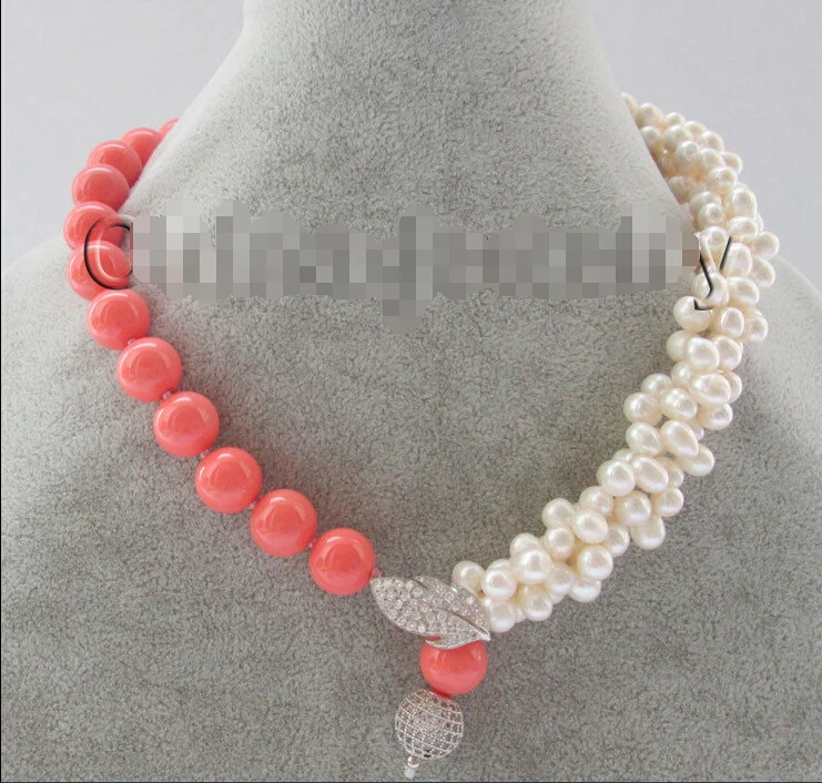 

FREE shipping>>> >>>3row 18" 7-8mm white freshwater pearl + 12mm coral-pink sea shell pearl necklace 6.07