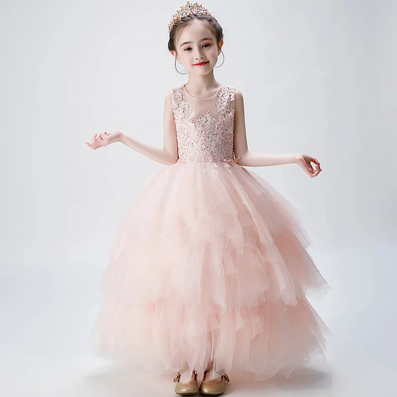 In Voorraad Lace Tulle Roze Baljurk Bloem Meisje Jurken voor bruiloft Volledige Mouwloze Vlinder Communie jurken vestido