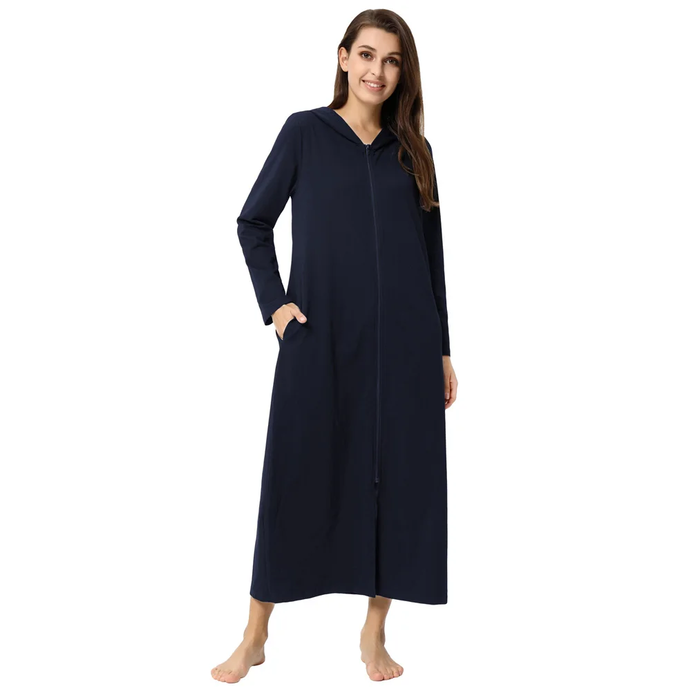 Zexxxy Модные женские длинные на молнии спереди длинные толстовки с капюшоном халат - Цвет: Navy Blue