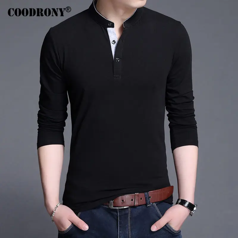 COODRONY, хлопковая футболка для мужчин, новинка, весна-осень, длинный рукав, футболка для мужчин, воротник-стойка, футболка для мужчин, модный бренд, топ, футболка 7606 - Цвет: Черный