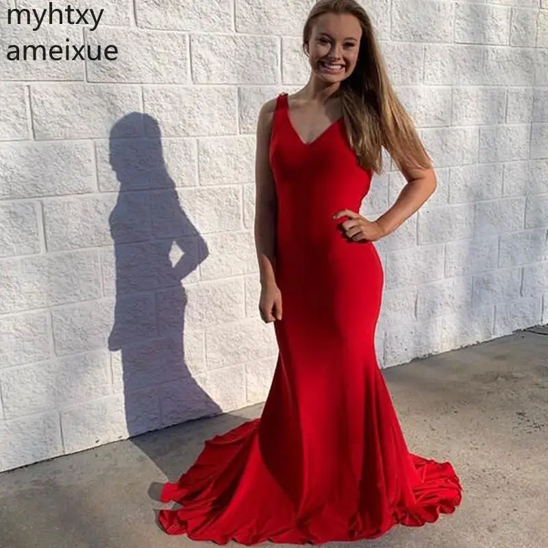 

Simple Red V-neck Mermaid Style Women Formal Party Backless Long Gowns Plus Size Evening Gown Dresses For Women Robe De Soiree