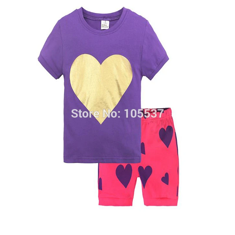 fashion 2018 summer teenage girls clothes cute heart print T-shirt purple+rose red short pants 2-6Y children clothing set