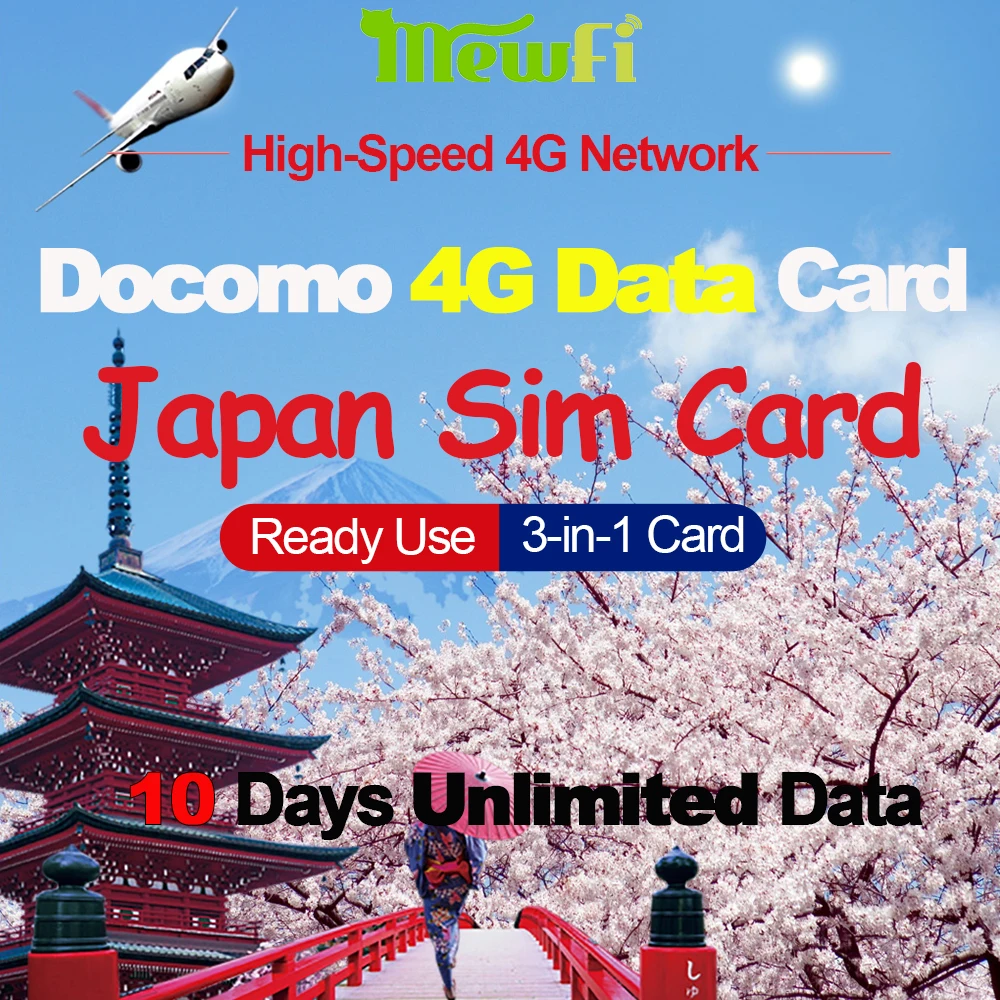 Mewfi Japan Travel Sim Card 10 Days Unlimited 4G Data No Call Native Triple Mobile Phone