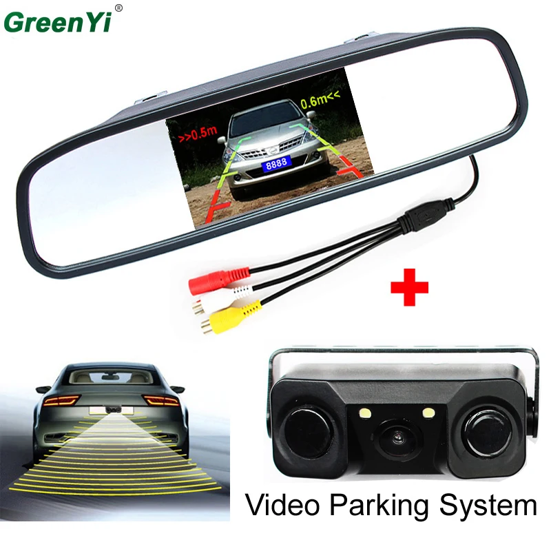 

Car Video Parking Sensor Rear Camera with Indicator Bi Bi Sound Alarm Car Reverse Sensor + Car Mirror Monitor Video Display