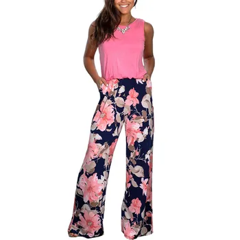 

2019 Fashion Floral Print Patchwork Summer Jumpsuit Casual O Neck Sleeveless Pocket Women's Wide Leg Overalls Elegant Playsuits