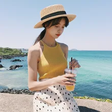 Летняя женская модная трикотажная эластичная майка с бретельками на шее, топы для девочек, трикотажная кофточка без рукавов, футболки, топы для женщин