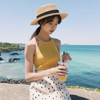 

Summer Women Fashion Knitting Halter Neck Stretchy Camis Tank Tops Girls Knitted Camisole Sleeveless Tee shirts Top Female