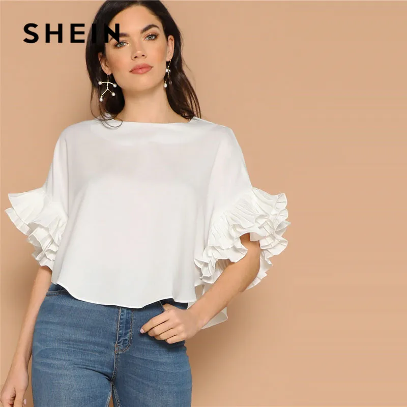 

SHEIN Layered Exaggerate Flounce Sleeve Curved Hem White Blouse Women Summer Elegant Solid Half Sleeve Blouse Ladies Tops