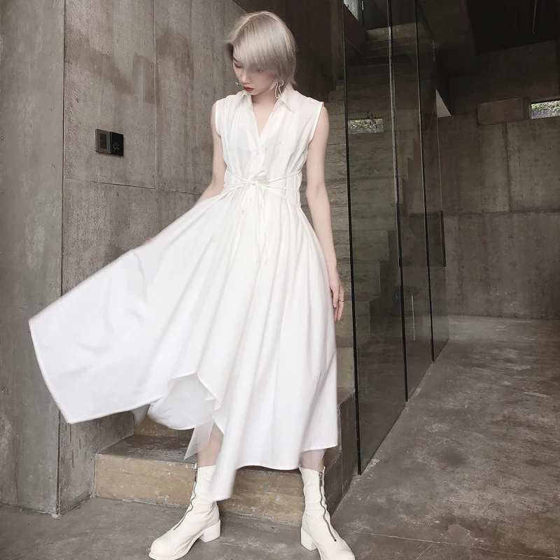 sleeveless WLD2102 XITAO/асимметричное платье средней длины, женская одежда, приталенное Бандажное платье с v-образным вырезом и пуговицами, ТРАПЕЦИЕВИДНОЕ ПЛАТЬЕ С Высокой Талией, однобортное платье WLD2102 - Цвет: sleeveless WLD2102