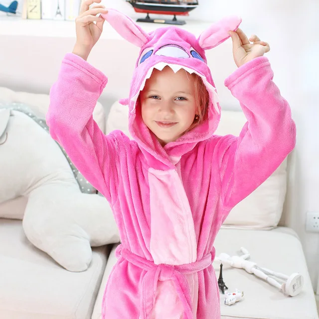 Зимние Детские Банные халаты Kigurumi с капюшоном и единорогом; банный халат для детей; пижамы с животными для мальчиков и девочек; ночная рубашка; детская одежда для сна - Цвет: Pink stitch
