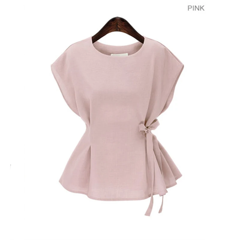 OLN, летняя блузка без рукавов, женская мода, на шнуровке, топ с баской, свободные, Blusas Mujer, повседневные женские рубашки, Blusas Mujer - Цвет: Розовый