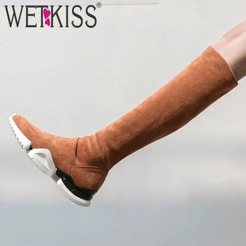 

WETKISS Fashion Casual Boots Round Toe Flock Flat With Footwear Knee High Female Boot Platform Shoes Woman 2018 Autumn Black