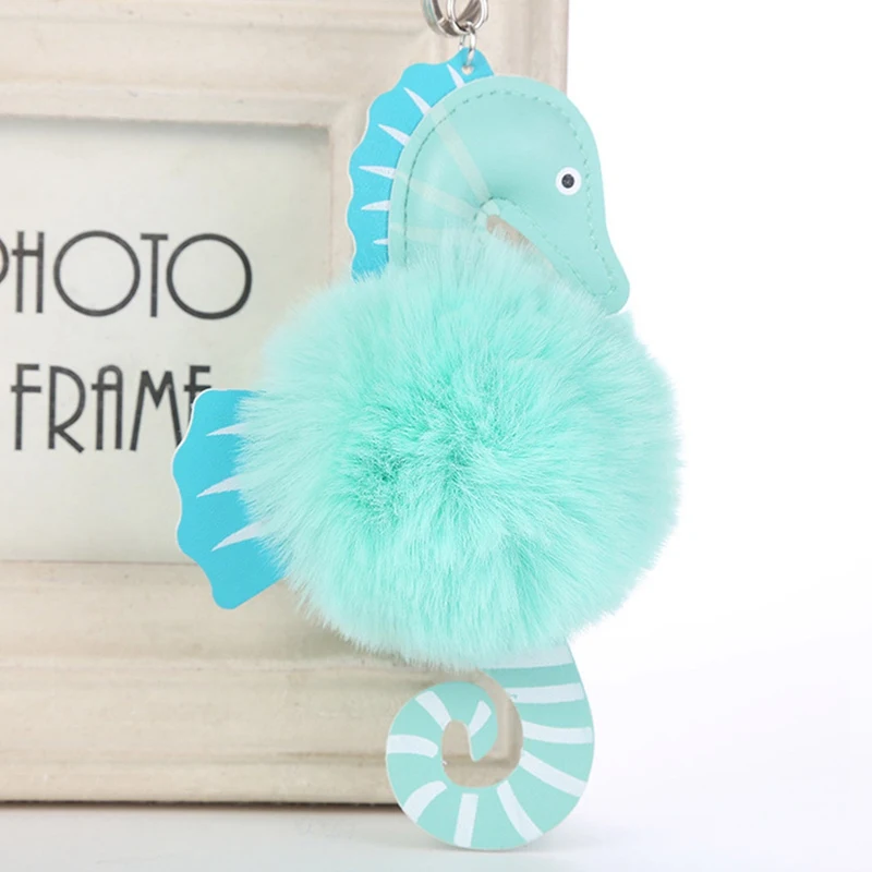 

12 Color Fashion Faux Fluffy Puff Ball Lovely Leather Seahorse Pompom Keychain Car Key Chain Ring Women HandBag Pom Pom Jewelry