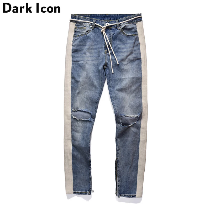 

DARK ICON Side Stripe Patchwork Ripped Jeans Men Plus String 2019 New Fashion Destroyed Denim Pants 2 Colors