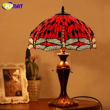 Стеклянная художественная настольная лампа, Античный Декор, Красная стрекоза, для гостиной, светодиодный витражный светильник, студийный прикроватный светильник