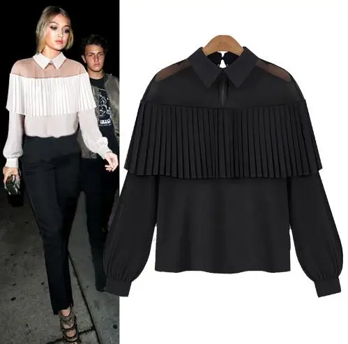 Mesh Ruffle Sheer Long Sleeve Turn Down Collar Fashion