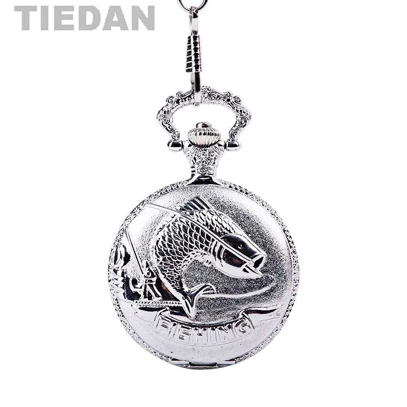 TIEDAN Brand Silver Fish Fishing Theme Pocket Watches Quartz Watch with