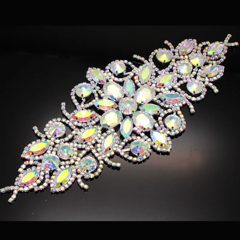 1pcs Crystal AB Flower Rhinestone Applique Bridal Wedding Dress Belt Silver Base Crystal Shine