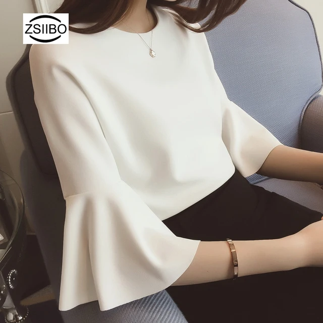 Automne femmes blanc chemisier en mousseline chemise Cor&eacute;enne style col rond trompette manches femme Top tee harajuku &eacute;l&eacute;gant OL travail v&ecirc;tements