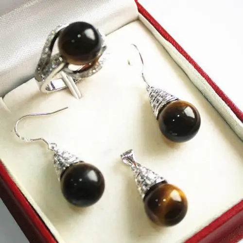 

Hot selling> AAA 12mm Tiger's Eye Pendant Necklace Earrings Ring Set -Bride jewelry free shippin