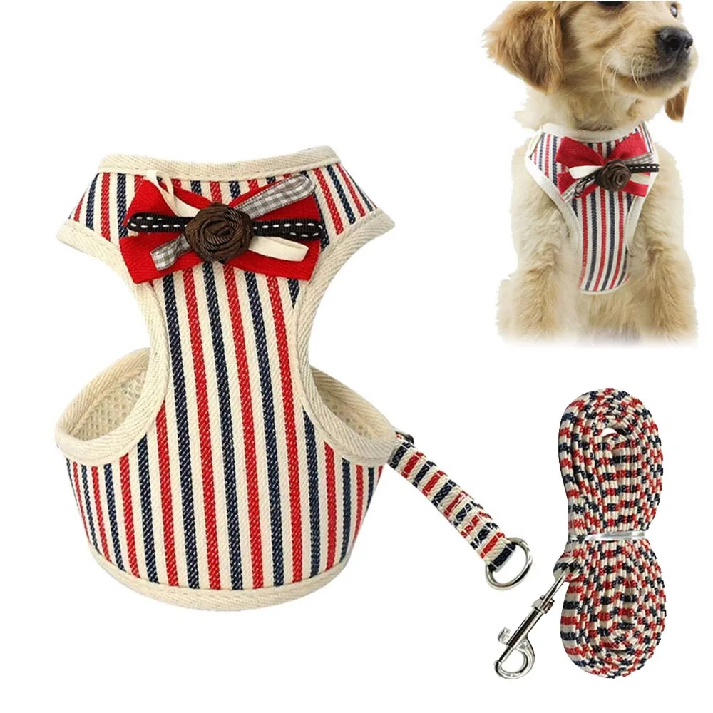 

New Fashion Dog Harness Leash Set Bow Stripe Pet Strap Soft Pet Vest Harnesses for Small Dogs Cat Outdoor Walking Puppy Leashes