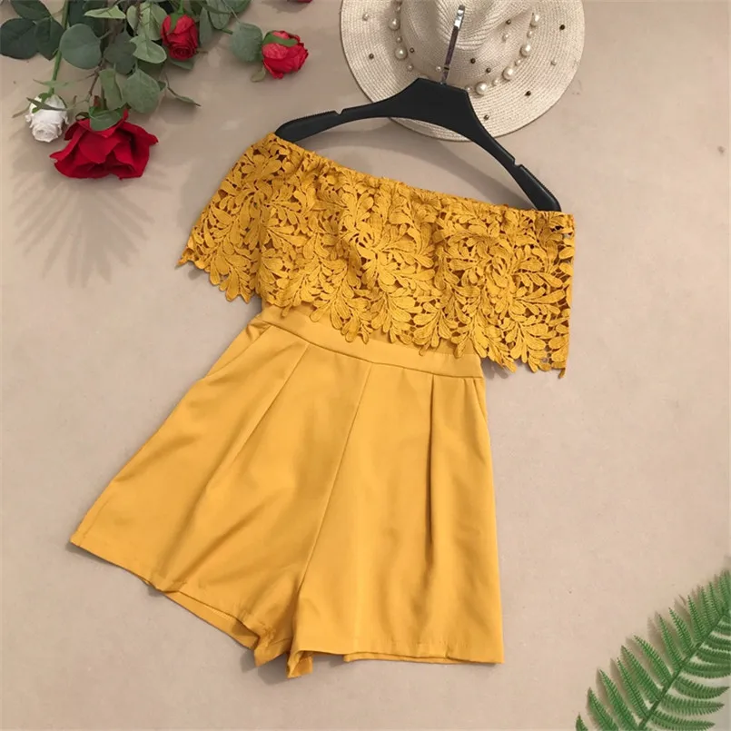 

Fashion 2019 Off Shoulder Lace Patchwork Jumpsuit enteritos mujer Casual Sexy Women Short Summer Playsuit Beach Holiday Romper