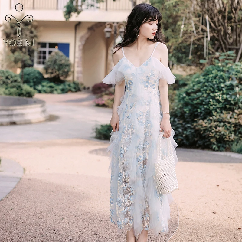 

YOSIMI 2019 Summer Ladies Party Dress Vintage Embroidery Long Women Dress Evening Ankle-Length Voile Dresses Off The Shoulder