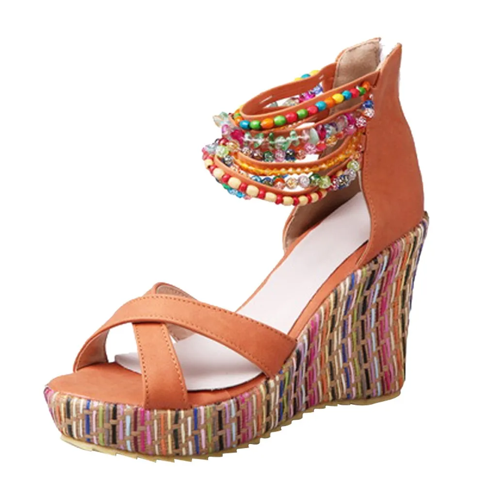 

Women Sandals Summer 2018 Platform Sandals High Heels Shoes Bohemian Ladies Sandals Handmade Beaded Footwear Pink Black