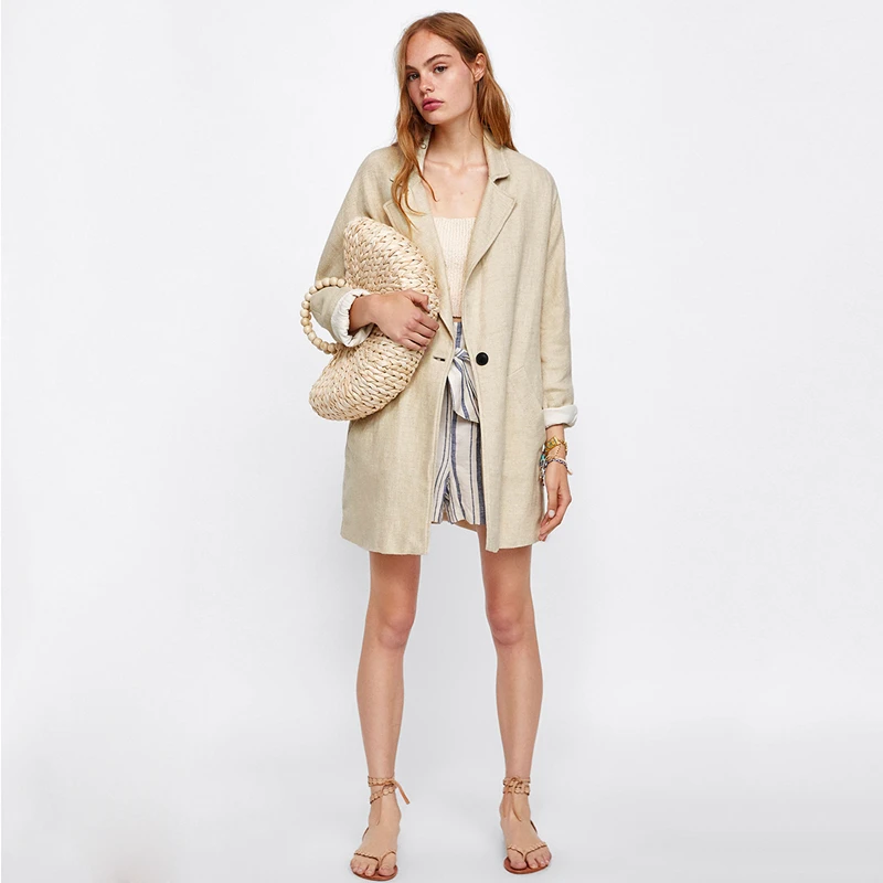 

Beige long sleeve notched collar loose blazers for women ladies autumn casual classic basic long single button coats outwear